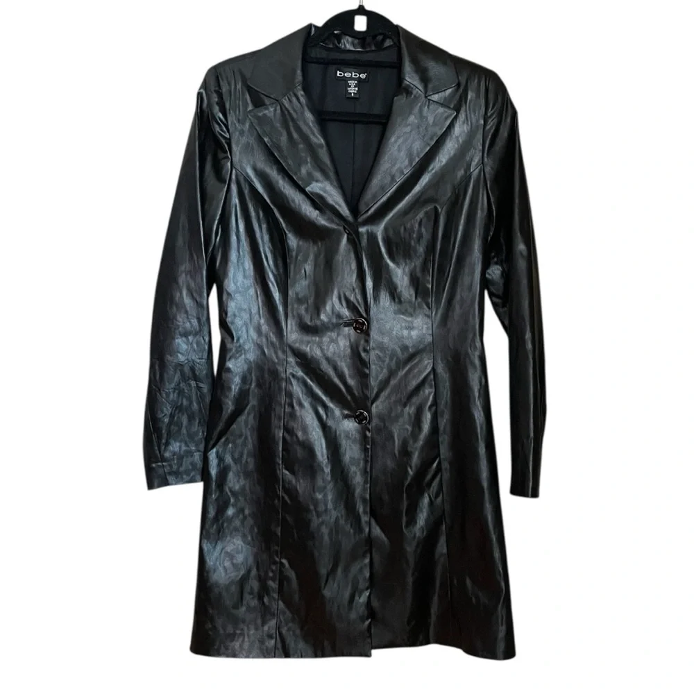 Vintage bebe Faux Leather Jacket Womens 8 Black Y2K Longline Blazer Coat